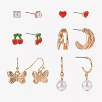 Arizona Gold Tone Butterfly Cherries Heart 6 Pair Earring Set