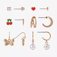 Arizona Gold Tone Butterfly Cherries Heart 6 Pair Earring Set
