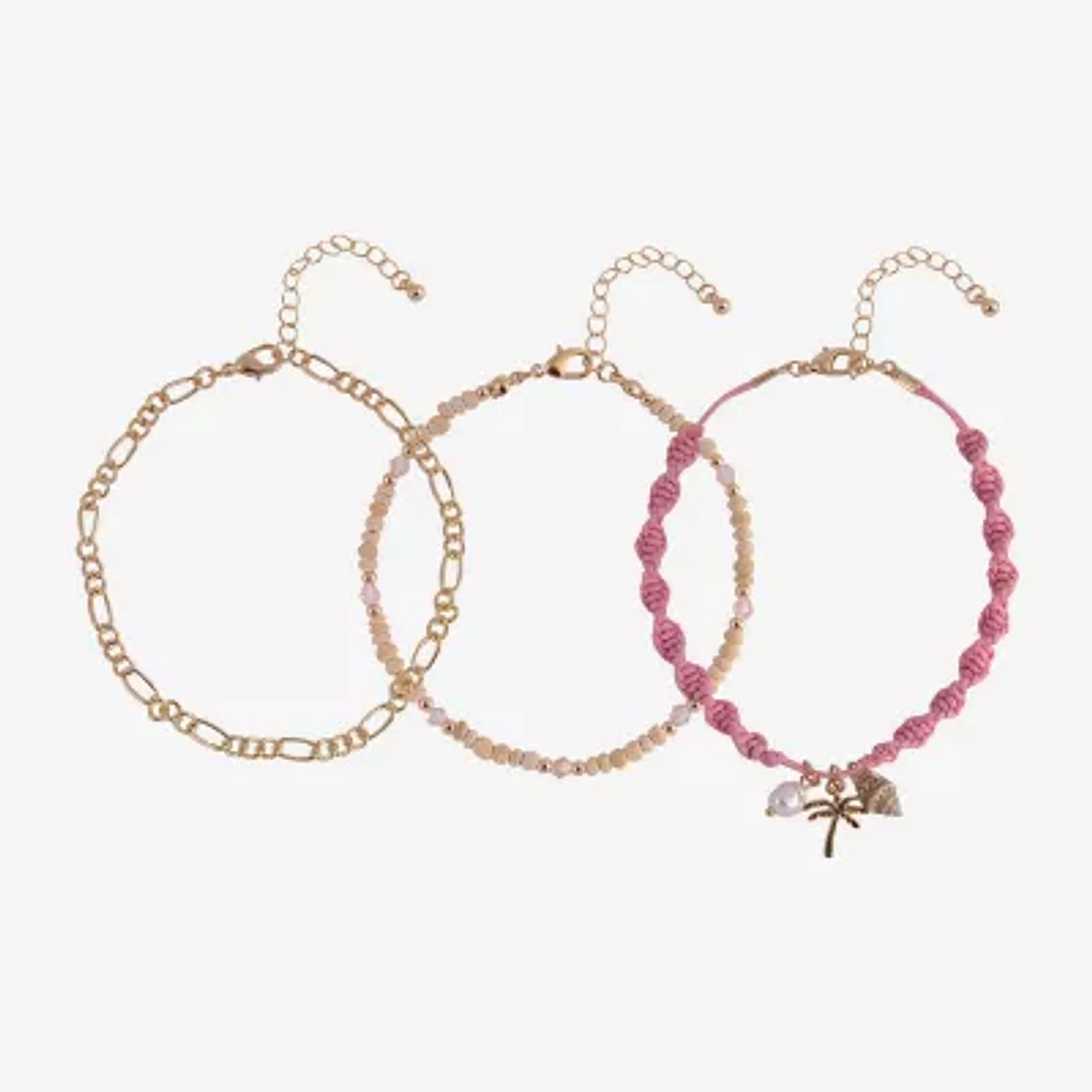 Arizona Pink Palm Tree & Shell 3-pc. 9 Inch Figaro Flower Ankle Bracelet