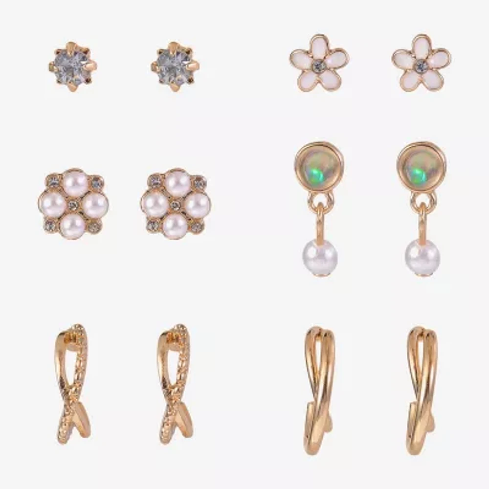 Arizona Gold Tone & Pearl Girls Flower 6 Pair Earring Set