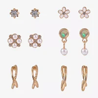 Arizona Gold Tone & Pearl Girls Flower 6 Pair Earring Set