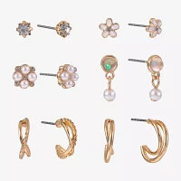 Arizona Gold Tone & Pearl Girls Flower 6 Pair Earring Set