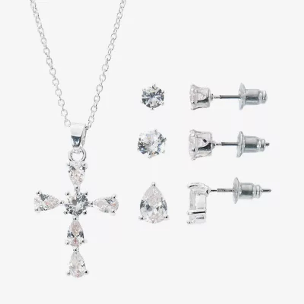Sparkle Allure Light Up Box Cubic Zirconia Silver Tone Pure Silver Over Brass Cross 4-pc. Jewelry Set