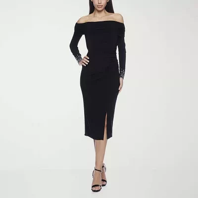 Premier Amour Womens Off The Shoulder Long Sleeve Midi Sheath Dress