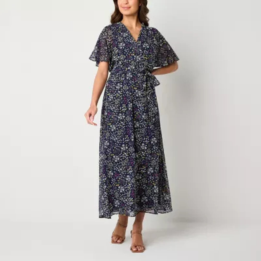 Studio 1 Womens Short Sleeve Floral Maxi Dress