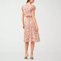 MSK Womens Short Sleeve Floral Midi Fit + Flare Dress