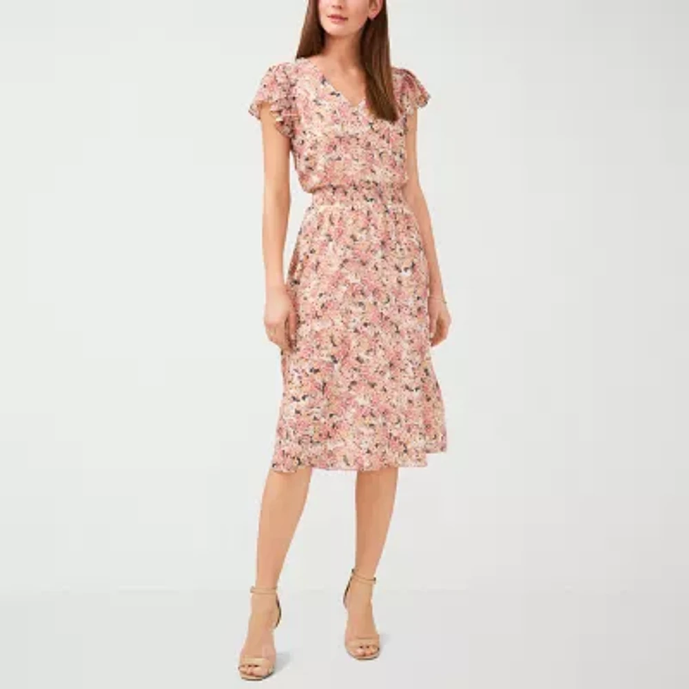 MSK Womens Short Sleeve Floral Midi Fit + Flare Dress