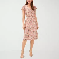 MSK Womens Short Sleeve Floral Midi Fit + Flare Dress