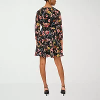 Sam And Jess Womens 3/4 Sleeve Floral Fit + Flare Dress Petite