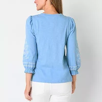 St. John's Bay Tall Womens Round Neck Long Sleeve Embroidered Blouse