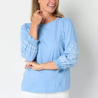 St. John's Bay Tall Womens Round Neck Long Sleeve Embroidered Blouse