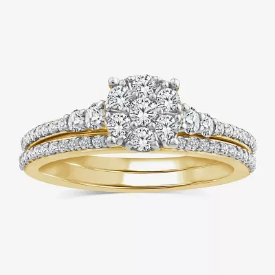 Womens 3/4 CT. T.W. Natural White Diamond 10K Gold Halo Bridal Set