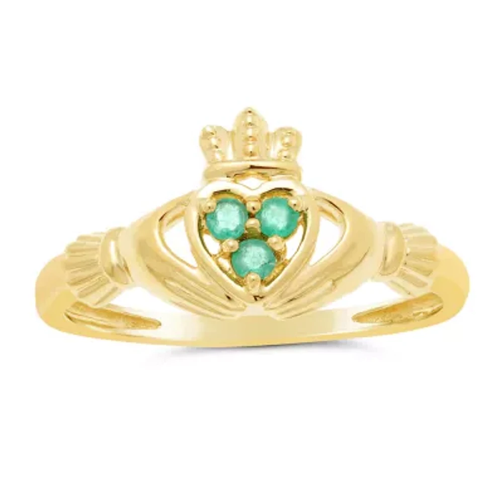 Heart-Shaped Genuine Emerald 10K Yellow Gold Claddagh Ring