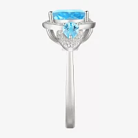 Womens Genuine Blue Topaz Sterling Silver Halo Side Stone Cocktail Ring