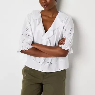 a.n.a Womens V Neck Short Sleeve Embroidered Blouse