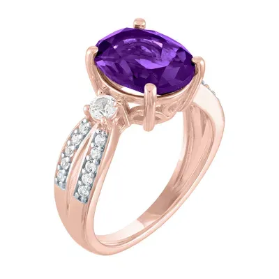 Womens Lab Created Purple Amethyst 14K Rose Gold Over Silver Side Stone Cocktail Ring