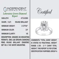 (H-I / Si2) Womens 3 CT. T.W. Lab Grown White Diamond 14K Gold Round Solitaire Engagement Ring