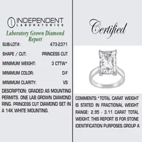 (H-I / SI2) Womens 3 CT. T.W. Lab Grown White Diamond 14K Gold Princess Solitaire Engagement Ring