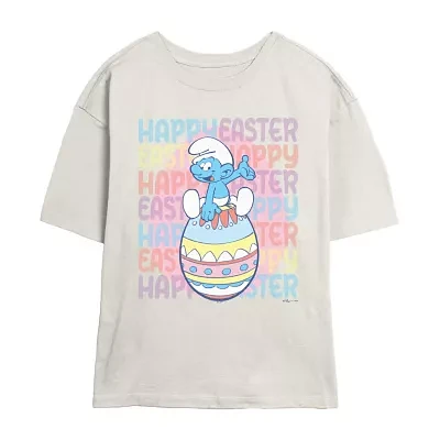 Juniors Smurfs Happy Easter Tee Womens Crew Neck Short Sleeve Graphic T-Shirt