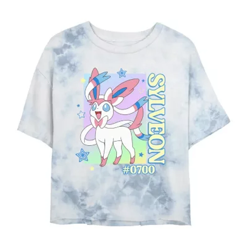 Juniors Pokemon Sylveon Cropped Tee Womens Crew Neck Short Sleeve Pokeman Graphic T-Shirt