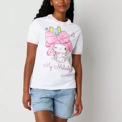 Juniors My Melody Oversized Ringer Tee Womens Crew Neck Short Sleeve Hello Kitty Graphic T-Shirt