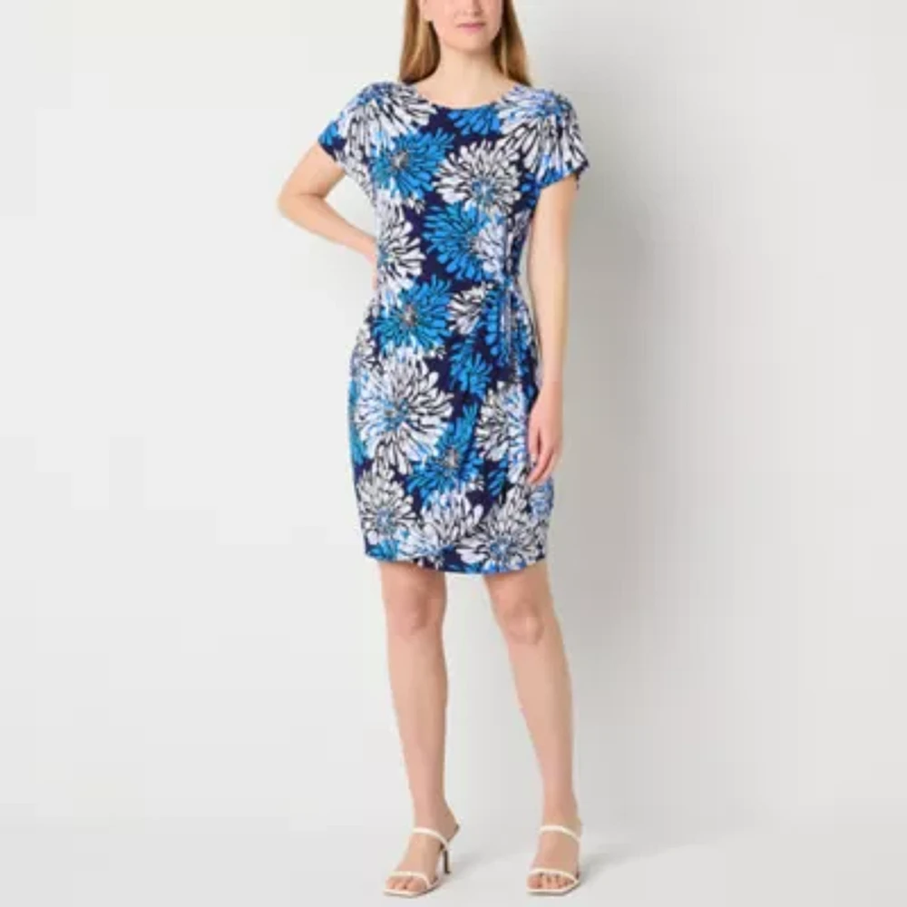 Robbie Bee Womens Short Sleeve Floral Sheath Dress