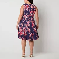 Studio 1 Womens Sleeveless Floral Fit + Flare Dress Plus