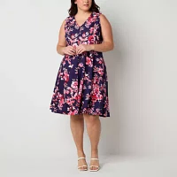 Studio 1 Womens Sleeveless Floral Fit + Flare Dress Plus