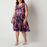 Studio 1 Womens Sleeveless Floral Fit + Flare Dress Plus