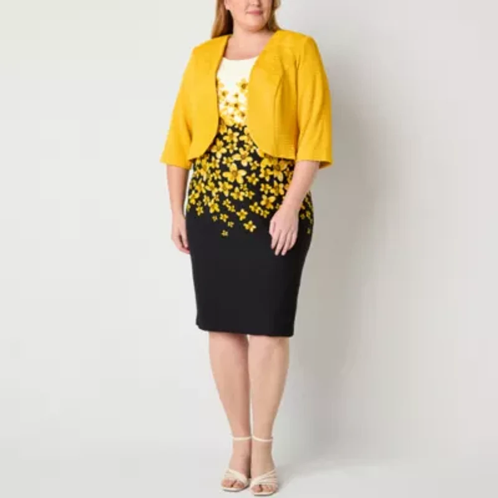 Maya Brooke Womens Floral Jacket Dress Plus