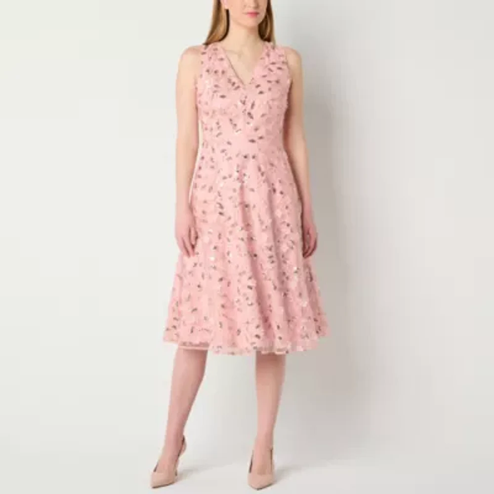 Willow Glenn Womens Sleeveless Embroidered Floral Midi Fit + Flare Dress