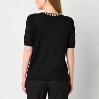 52seven Womens Crew Neck Embellished Short Sleeve Pullover Sweater