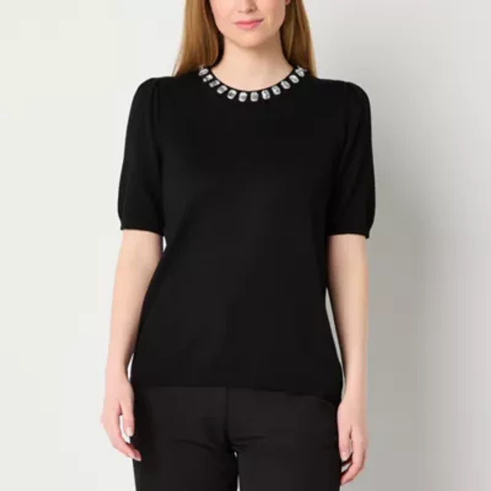 52seven Womens Crew Neck Embellished Short Sleeve Pullover Sweater