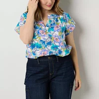 St. John's Bay Plus Womens Split Crew Neck Short Sleeve Blouse