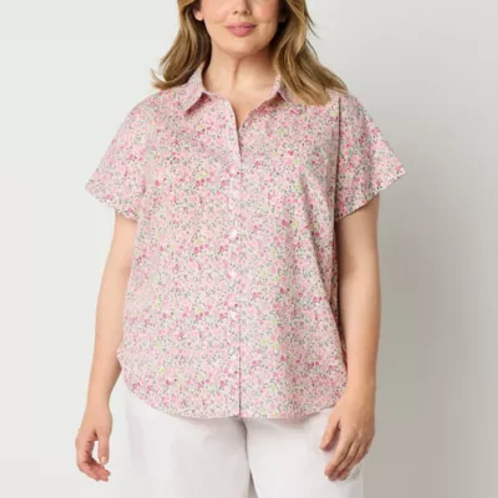 St. John's Bay Plus Womens Short Sleeve Regular Fit Button-Down Shirt