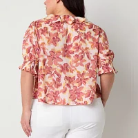 a.n.a Plus Womens V Neck Short Sleeve Embroidered Blouse