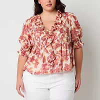 a.n.a Plus Womens V Neck Short Sleeve Embroidered Blouse