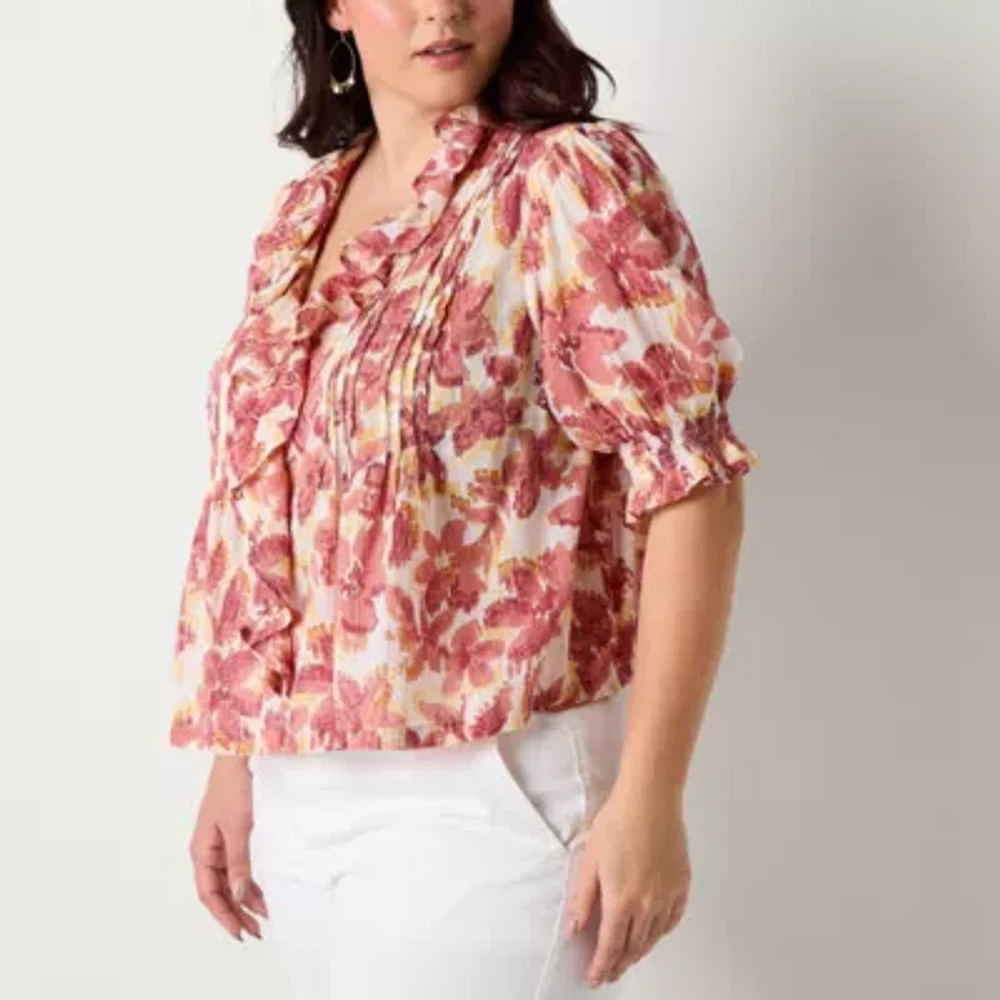 a.n.a Plus Womens V Neck Short Sleeve Embroidered Blouse