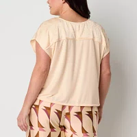 Worthington Plus Womens Round Neck Short Sleeve Satin Blouse