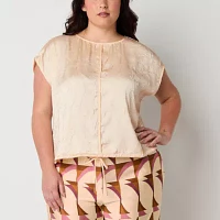 Worthington Plus Womens Round Neck Short Sleeve Satin Blouse