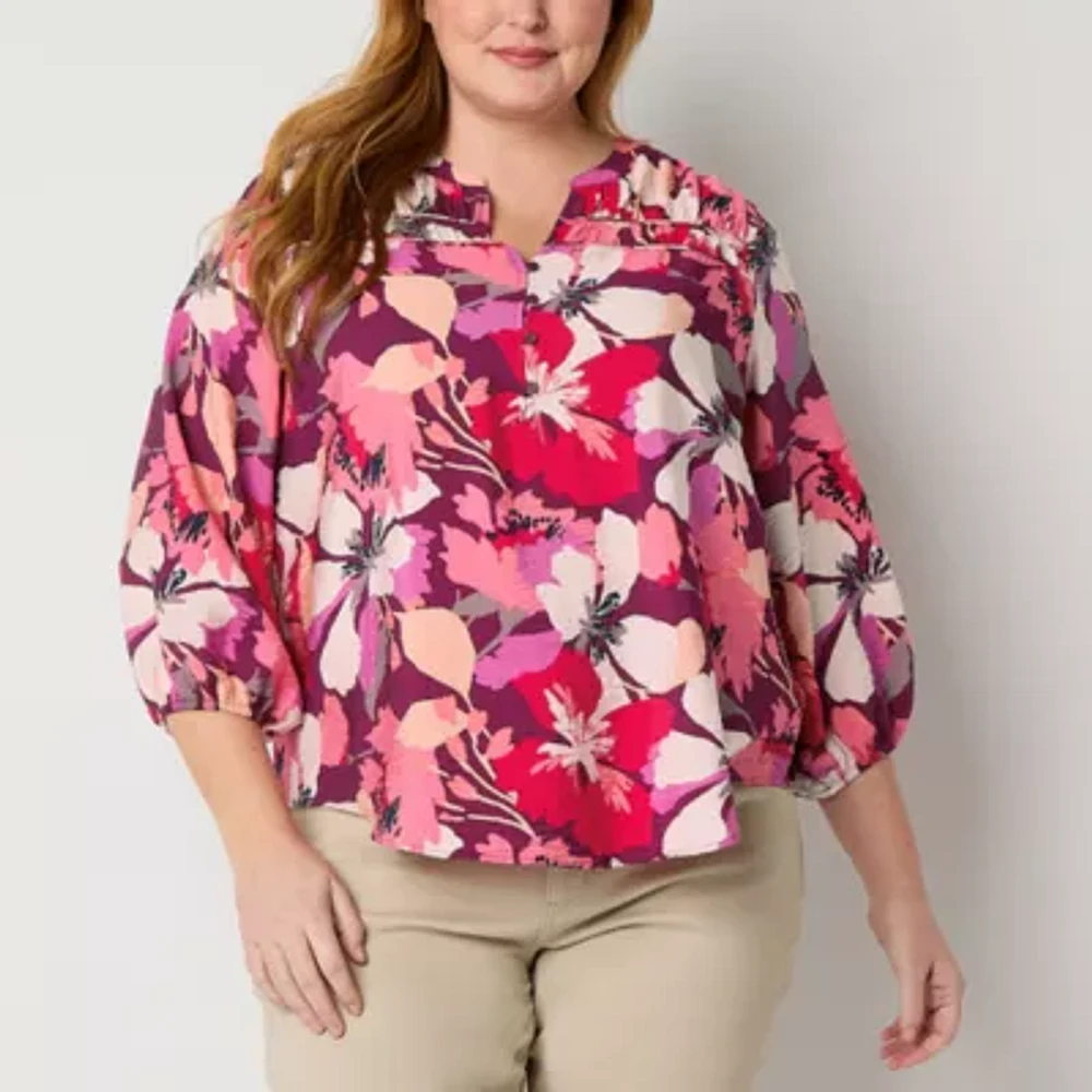 Liz Claiborne Plus Womens Split Crew Neck 3/4 Sleeve Blouse