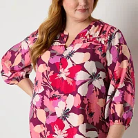 Liz Claiborne Plus Womens Split Crew Neck 3/4 Sleeve Blouse