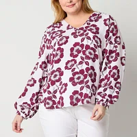 Liz Claiborne Plus Womens V Neck Long Sleeve Blouse