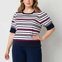 Liz Claiborne Plus Womens Crew Neck Elbow Sleeve Striped Pullover Sweater