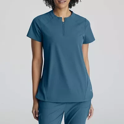 Barco One Bot216 Flux 2-Pocket Banded Zip Collar Womens High Neck Wrinkle Resistant Short Sleeve Scrub Top