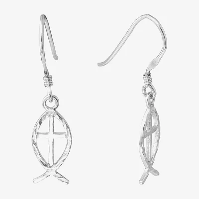 Silver Treasures Jesus Fish Sterling Silver Drop Earrings