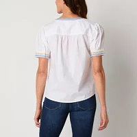 St. John's Bay Womens V Neck Short Sleeve Embroidered Blouse