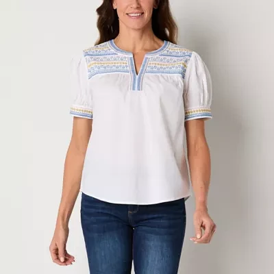 St. John's Bay Womens V Neck Short Sleeve Embroidered Blouse