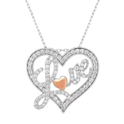 Diamonart "Love" Womens White Cubic Zirconia Sterling Silver Heart 16 Inch Pendant Necklace