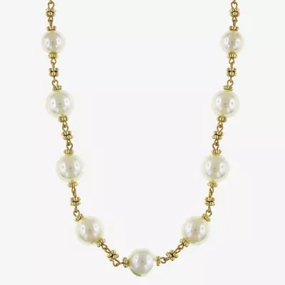 1928 Gold Tone Simulated Pearl 16 Inch Link Strand Necklace